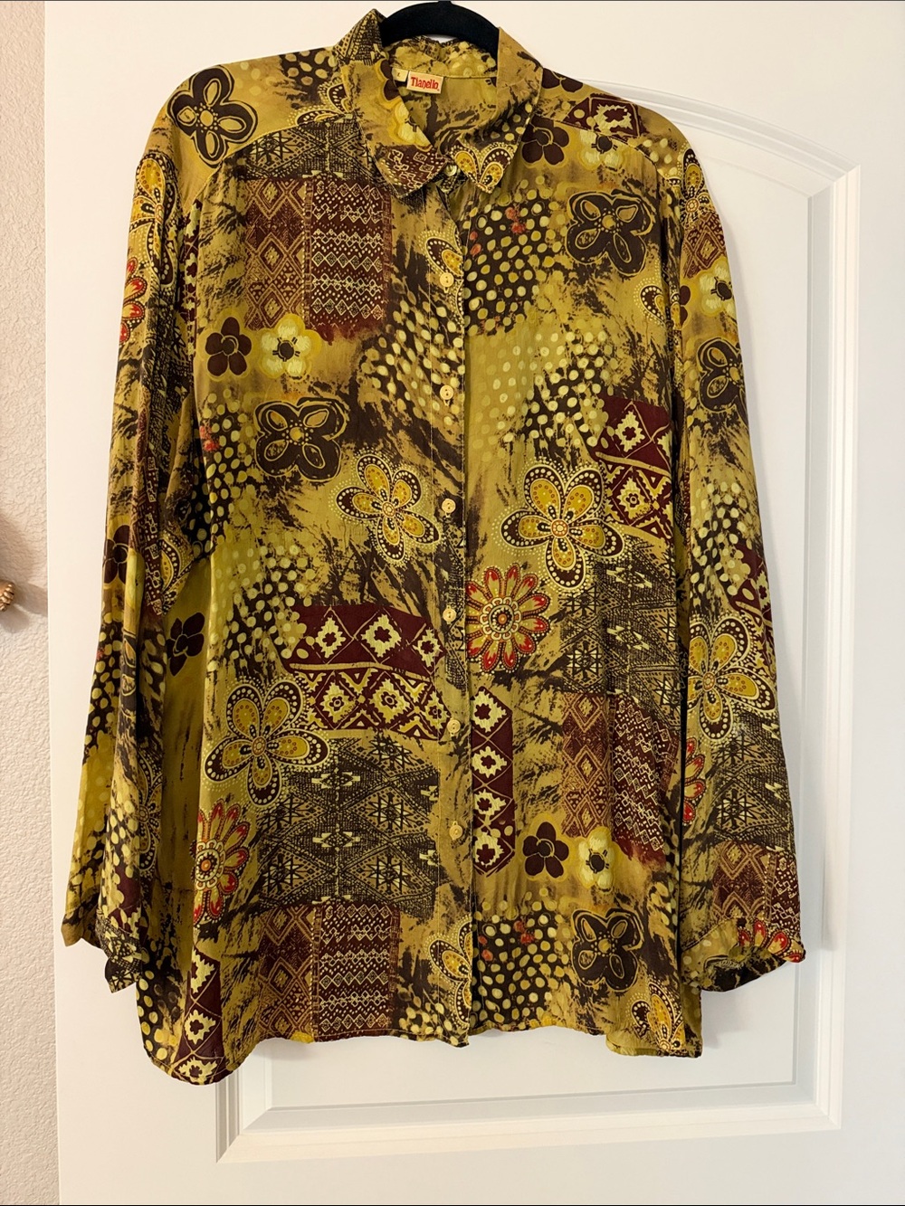 Tianello Olive Green and Brown Patchwork Floral Button-Down Blouse 100% silk